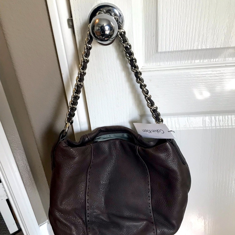 Calvin Klein Brown Leather Shoulder Bag with Chain Strap